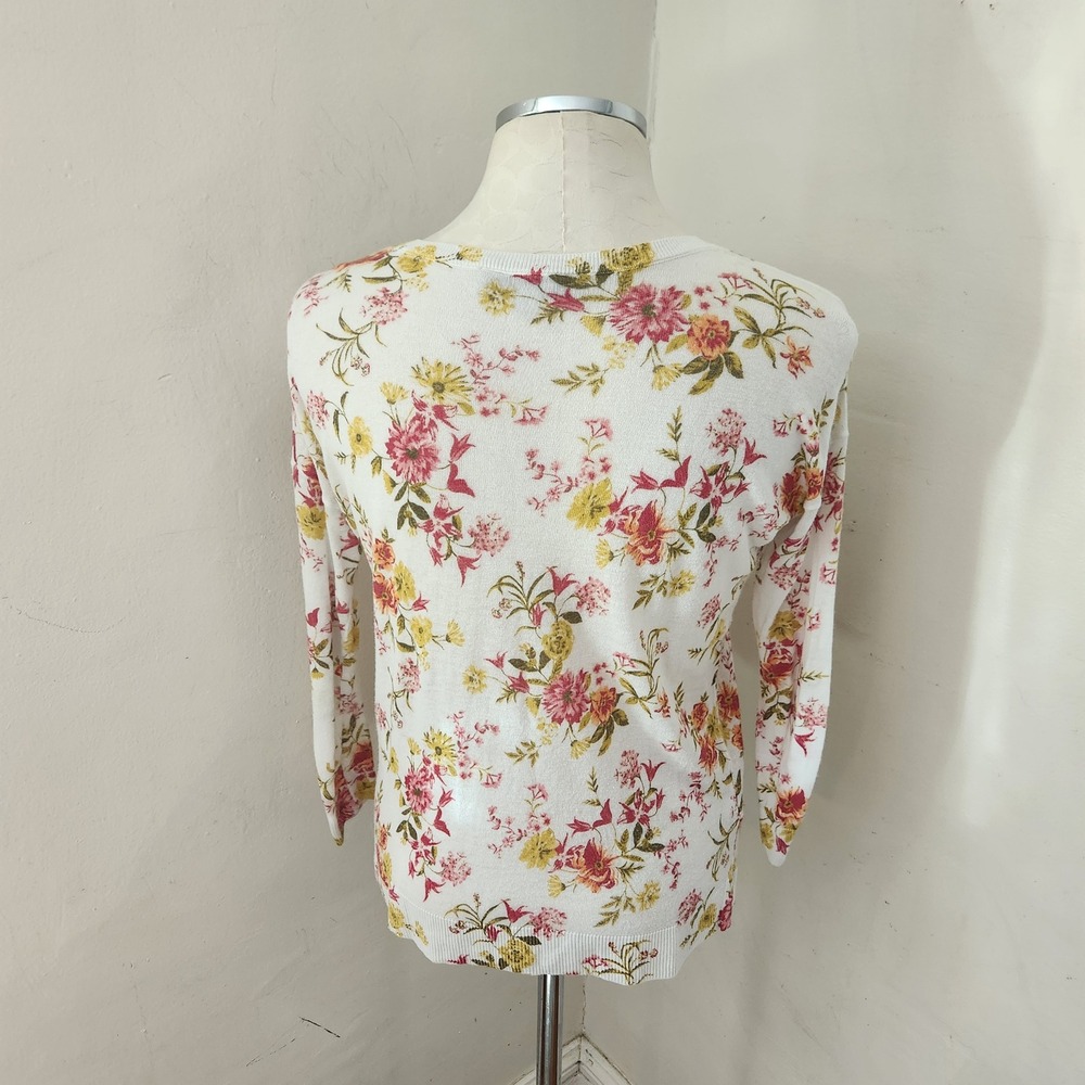 LOFT Womens Small Floral Print Lightweight Ramie Viscose Sweater White Pink S - Picture 2 of 5